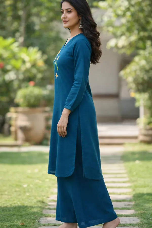 Teal_Handpainted_Cotton_Kurta_Pant_Set_|_Artisan_Floral_Handcrafted_Co_Ord_For_Women