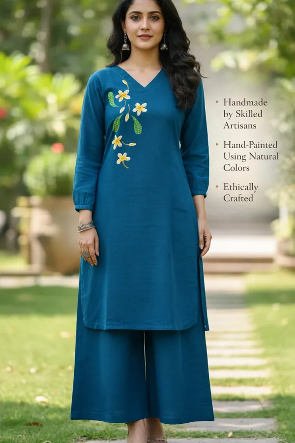 Teal_Handpainted_Cotton_Kurta_Pant_Set_|_Artisan_Floral_Handcrafted_Co_Ord_For_Women