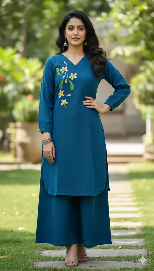 Teal_Handpainted_Cotton_Kurta_Pant_Set_|_Artisan_Floral_Handcrafted_Co_Ord_For_Women
