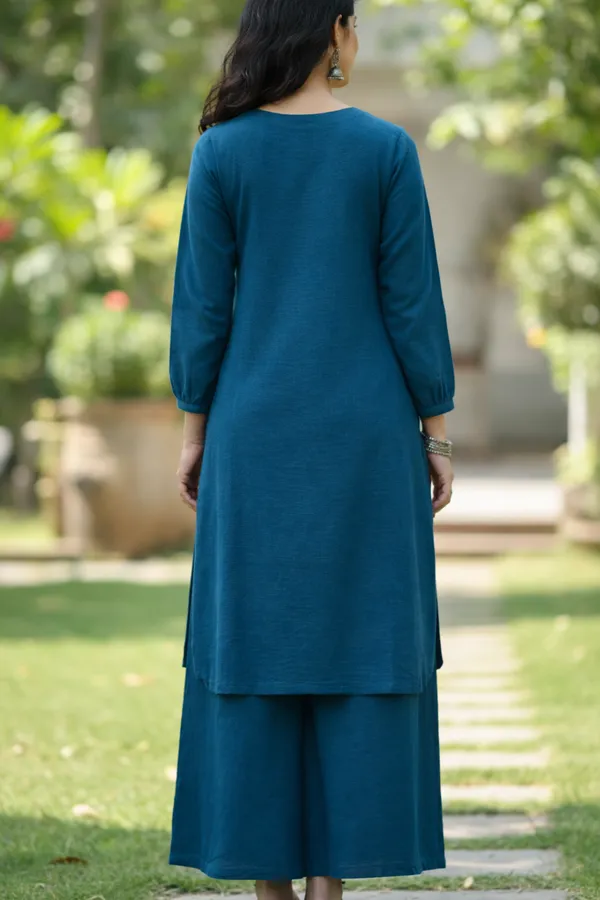 Teal_Handpainted_Cotton_Kurta_Pant_Set_|_Artisan_Floral_Handcrafted_Co_Ord_For_Women