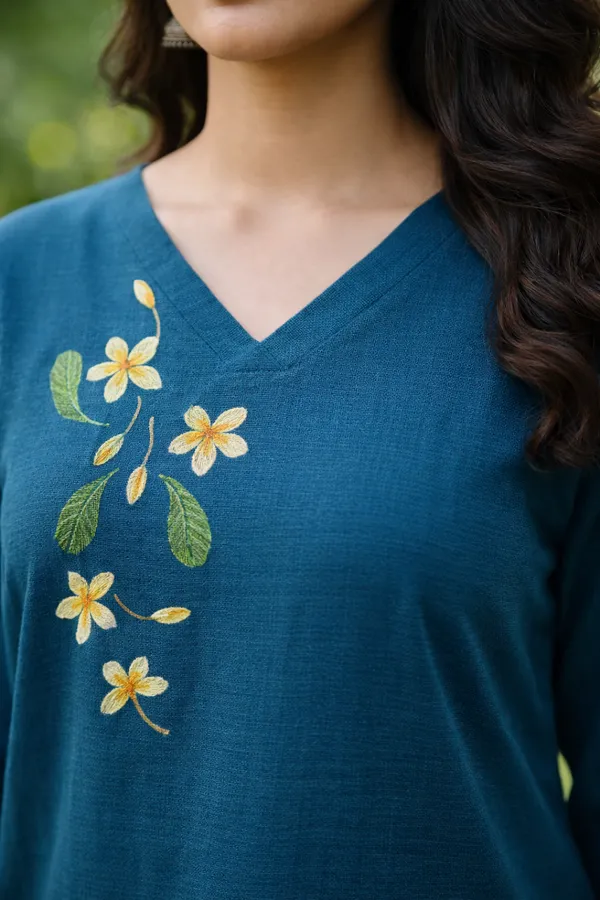 Teal_Handpainted_Cotton_Kurta_Pant_Set_|_Artisan_Floral_Handcrafted_Co_Ord_For_Women