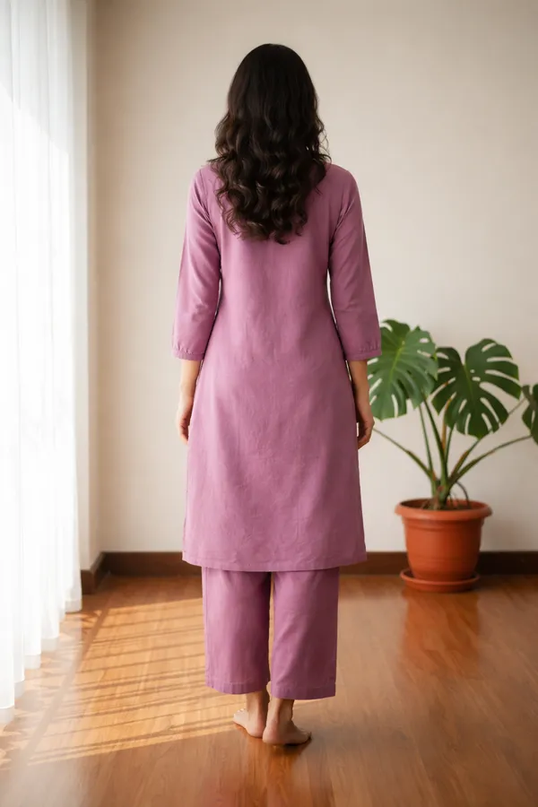 Lavender_Handpainted_Cotton_Kurta_Pant_Set_|_Artisan_Tribal_Art_Co_Ord_For_Women