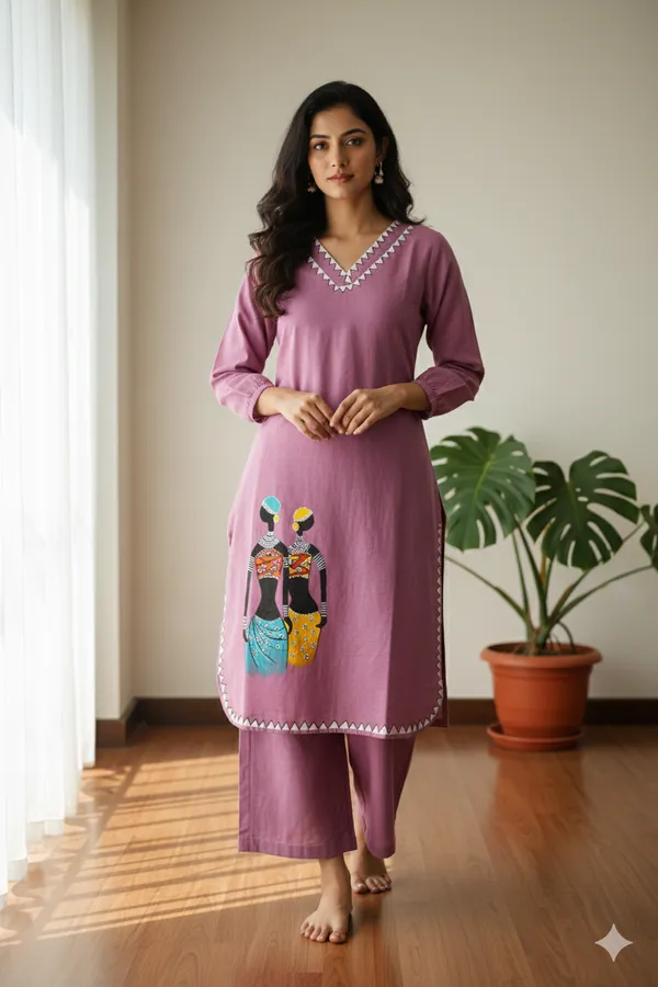 Lavender_Handpainted_Cotton_Kurta_Pant_Set_|_Artisan_Tribal_Art_Co_Ord_For_Women