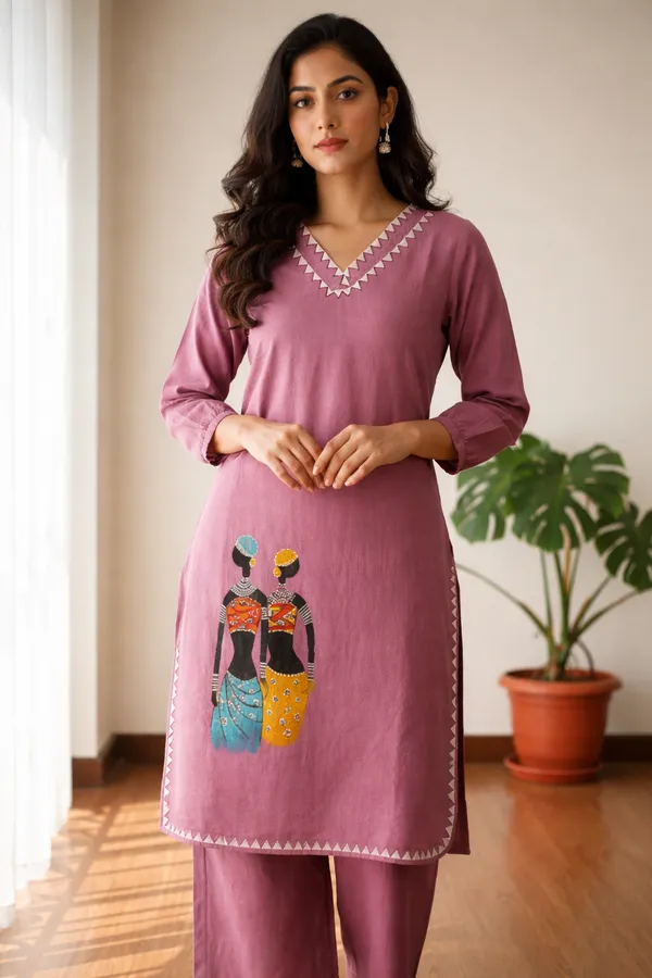 Lavender_Handpainted_Cotton_Kurta_Pant_Set_|_Artisan_Tribal_Art_Co_Ord_For_Women