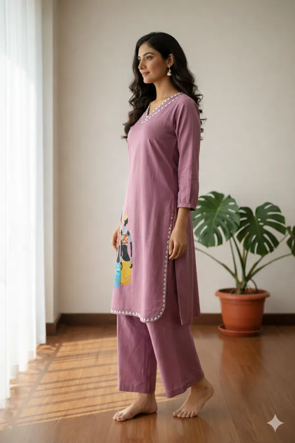 Lavender_Handpainted_Cotton_Kurta_Pant_Set_|_Artisan_Tribal_Art_Co_Ord_For_Women
