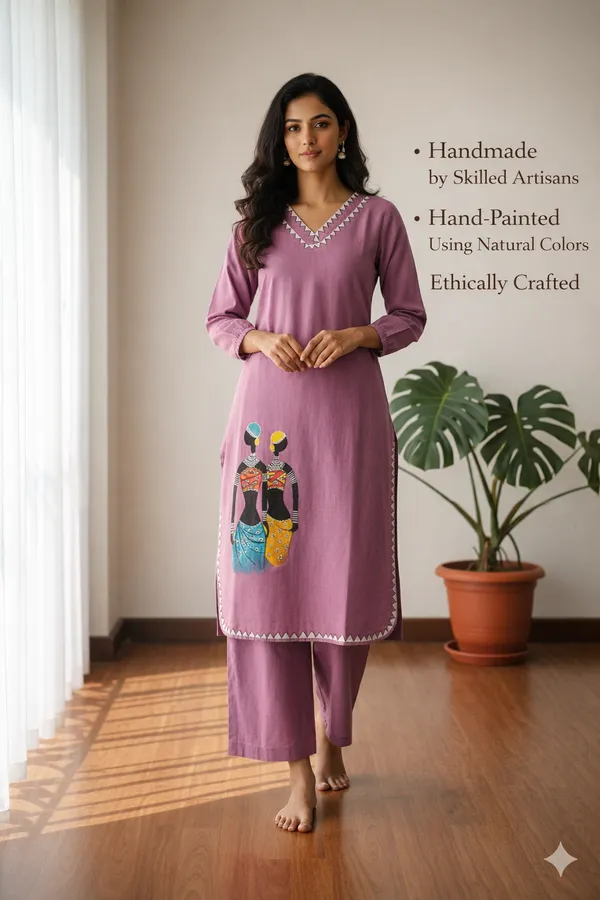 Lavender_Handpainted_Cotton_Kurta_Pant_Set_|_Artisan_Tribal_Art_Co_Ord_For_Women