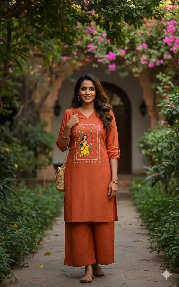 Rust_Handpainted_Cotton_Kurta_Pant_Set_|_Artisan_Folk_Art_Handcrafted_Co_Ord_For_Women