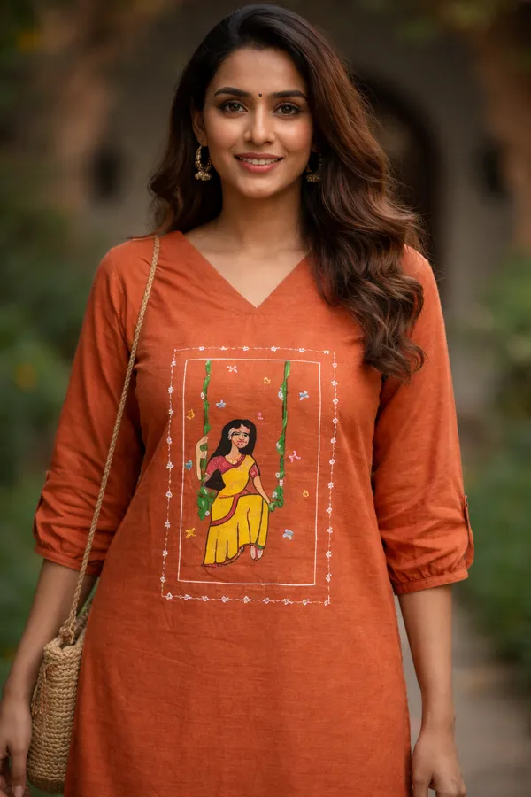 Rust_Handpainted_Cotton_Kurta_Pant_Set_|_Artisan_Folk_Art_Handcrafted_Co_Ord_For_Women