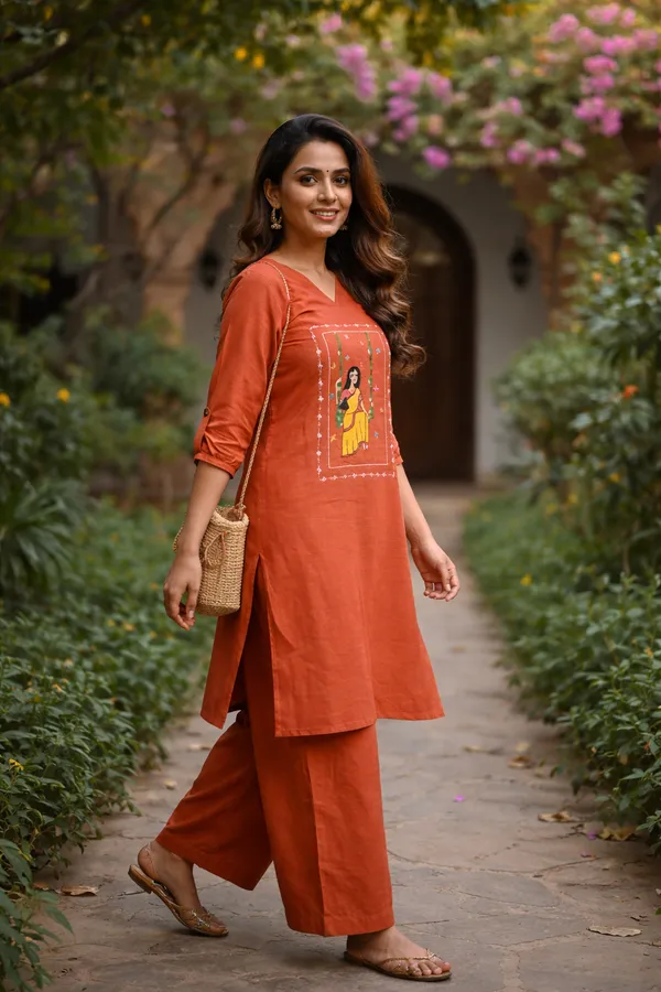Rust_Handpainted_Cotton_Kurta_Pant_Set_|_Artisan_Folk_Art_Handcrafted_Co_Ord_For_Women