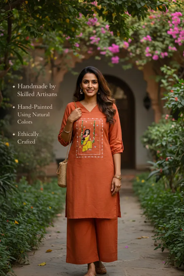 Rust_Handpainted_Cotton_Kurta_Pant_Set_|_Artisan_Folk_Art_Handcrafted_Co_Ord_For_Women