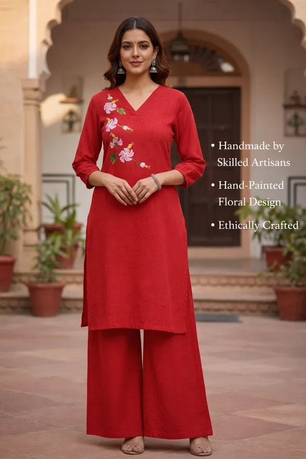 Red_Handpainted_Cotton_Kurta_Pant_Set_|_Artisan_Floral_Handcrafted_Co_Ord_For_Women