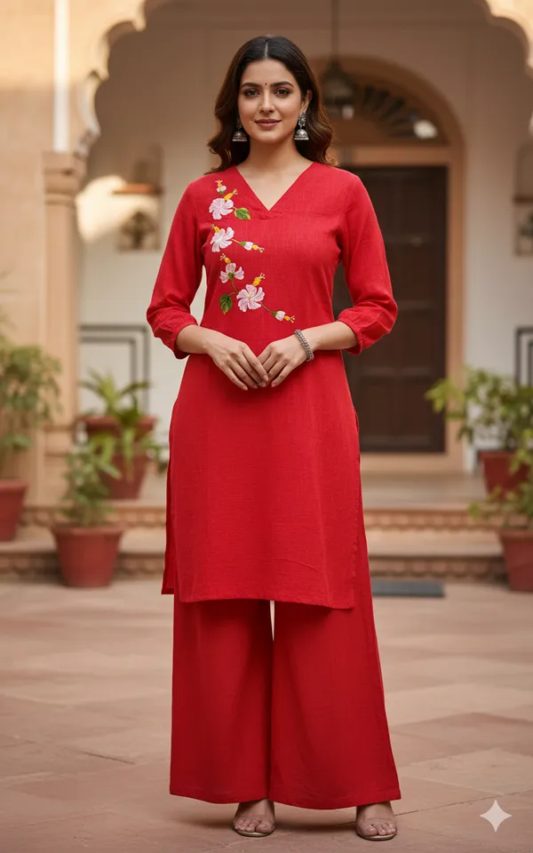 Red_And_Pink_Handpainted_Cotton_Kurta_Pant_Set_|_Artisan_Floral_Handcrafted_Co-Ord_For_Women_Pack_of_2