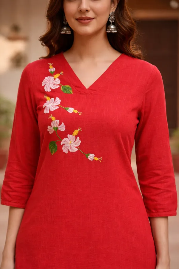 Red_And_Pink_Handpainted_Cotton_Kurta_Pant_Set_|_Artisan_Floral_Handcrafted_Co-Ord_For_Women_Pack_of_2