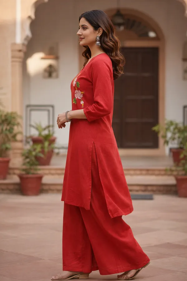 Red_And_Pink_Handpainted_Cotton_Kurta_Pant_Set_|_Artisan_Floral_Handcrafted_Co-Ord_For_Women_Pack_of_2