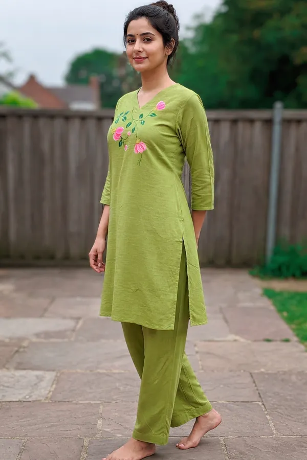 Green_Handpainted_Floral_Cotton_Co_Ord_Set_|_Artisan_Handcrafted_Kurta_&_Pant_Set_For_Women