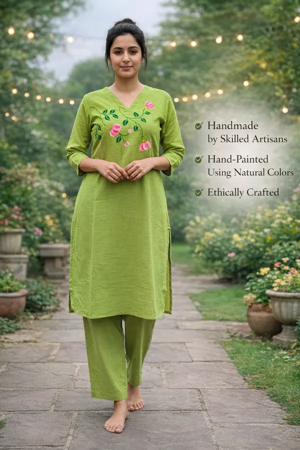 Green_Handpainted_Floral_Cotton_Co_Ord_Set_|_Artisan_Handcrafted_Kurta_&_Pant_Set_For_Women