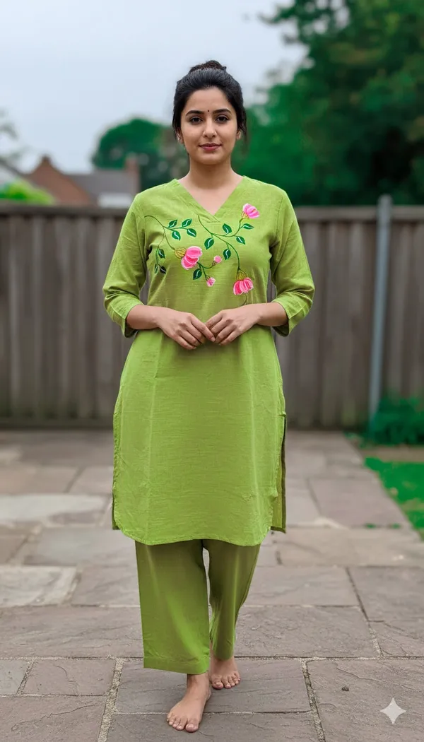Green_Handpainted_Floral_Cotton_Co_Ord_Set_|_Artisan_Handcrafted_Kurta_&_Pant_Set_For_Women