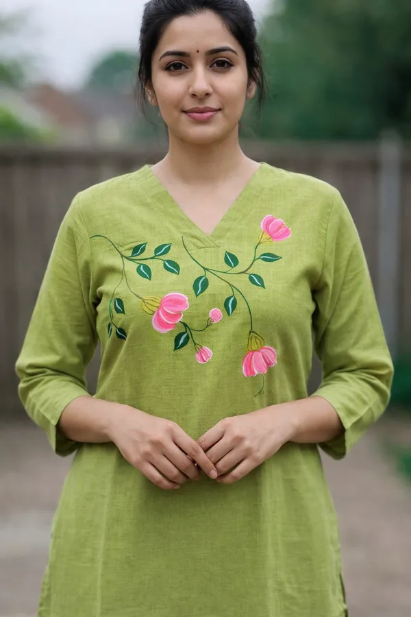 Green_Handpainted_Floral_Cotton_Co_Ord_Set_|_Artisan_Handcrafted_Kurta_&_Pant_Set_For_Women
