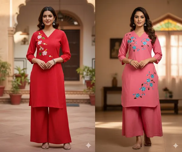 Red_And_Pink_Handpainted_Cotton_Kurta_Pant_Set_|_Artisan_Floral_Handcrafted_Co-Ord_For_Women_Pack_of_2
