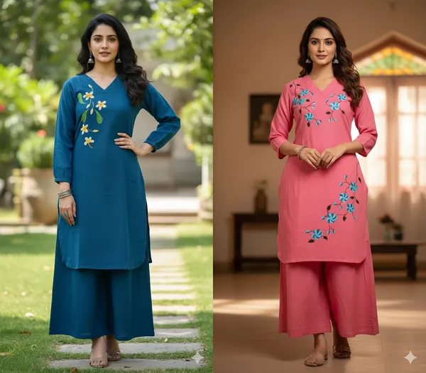 Pink_And_Teal_Handpainted_Cotton_Kurta_Pant_Set_|_Floral_Artisan_Co_Ord_For_Women_Pack_of_2