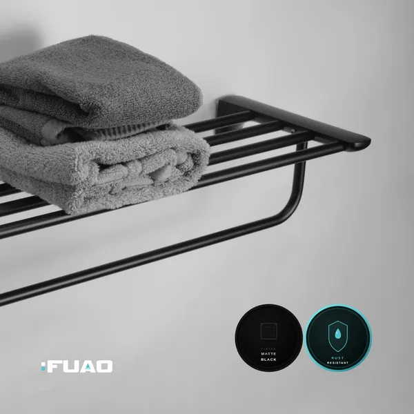 FUAO_Wall_Mounted_Bathroom_Towel_Rack_with_Top_Shelf_&_Hanging_Bar_|_SUS_304_Grade_Stainless_Steel_|_100%_Rust_Proof_|_Matte_Black,_Chrome_&_Rose_Gold_|_Premium_Hotel_Style_Organiser_(1,_Matte_Black)