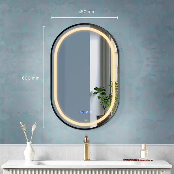 FUAO_Premium_Oval_LED_Bathroom_Mirror_450x600_mm,_Aluminum_Frame_|_3-Color_Light,_Long-Press_Dimmable,_Anti-Fog,_Time_&_Temp_Display_(Brushed_Black,_18"x24")