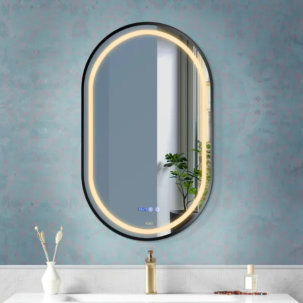 FUAO_Premium_Oval_LED_Bathroom_Mirror_450x600_mm,_Aluminum_Frame_|_3-Color_Light,_Long-Press_Dimmable,_Anti-Fog,_Time_&_Temp_Display_(Brushed_Black,_18"x24")