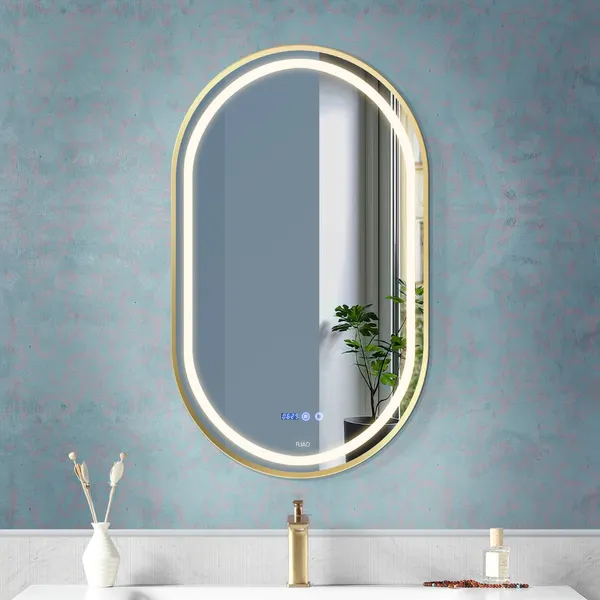 FUAO_Premium_Oval_LED_Bathroom_Mirror_450x600_mm,_Aluminum_Frame_|_3-Color_Light,_Long-Press_Dimmable,_Anti-Fog,_Time_&_Temp_Display_(Brushed_Gold,_18"x24")