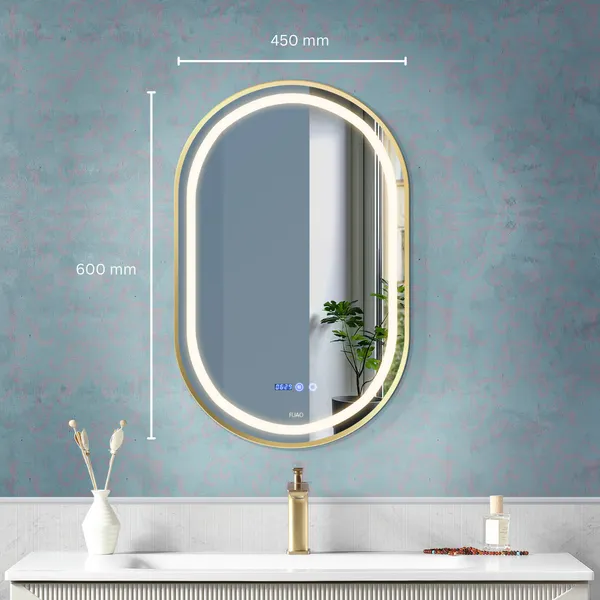 FUAO_Premium_Oval_LED_Bathroom_Mirror_450x600_mm,_Aluminum_Frame_|_3-Color_Light,_Long-Press_Dimmable,_Anti-Fog,_Time_&_Temp_Display_(Brushed_Gold,_18"x24")
