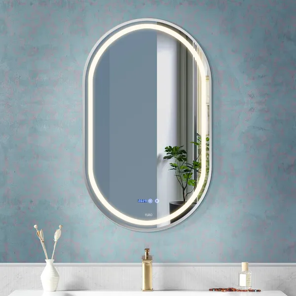 FUAO_Interio_Oval_LED_Bathroom_Mirror_450x600_mm,_Aluminum_Frame_|_3-Color_Light,_Long-Press_Dimmable,_Anti-Fog,_Time_&_Temp_Display_(Brushed_Silver,_18"x24")