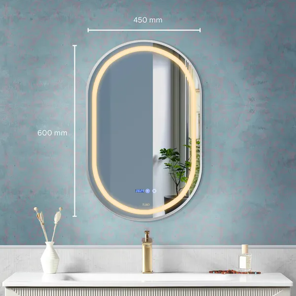 FUAO_Interio_Oval_LED_Bathroom_Mirror_450x600_mm,_Aluminum_Frame_|_3-Color_Light,_Long-Press_Dimmable,_Anti-Fog,_Time_&_Temp_Display_(Brushed_Silver,_18"x24")
