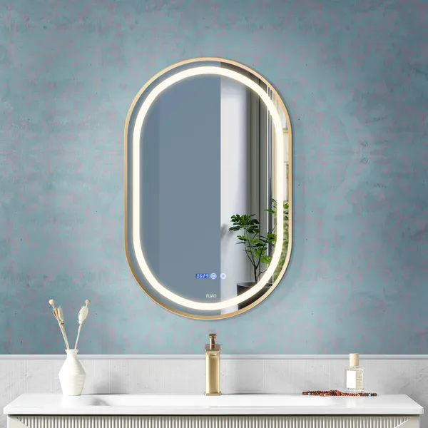 FUAO_Interio_Oval_LED_Bathroom_Mirror_450x600_mm,_Aluminum_Frame_|_3-Color_Light,_Long-Press_Dimmable,_Anti-Fog,_Time_&_Temp_Display_(Brushed_Rose_Gold,_18"x24")