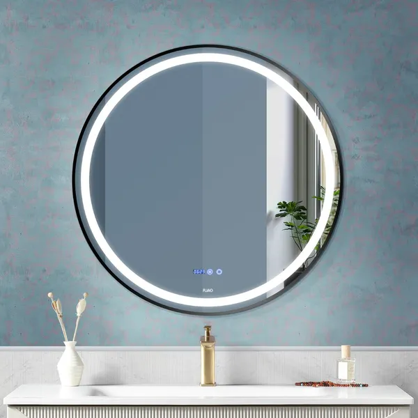 FUAO_Premium_LED_Bathroom_Mirror_600_mm,_Black_Frame_|_3-Color_Light,_Long-Press_Dimmable,_Anti-Fog,_Time_&_Temp_Display_(Brushed_Black,_24")