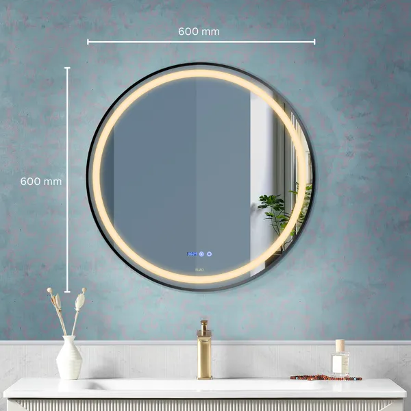 FUAO_Premium_LED_Bathroom_Mirror_600_mm,_Black_Frame_|_3-Color_Light,_Long-Press_Dimmable,_Anti-Fog,_Time_&_Temp_Display_(Brushed_Black,_24")