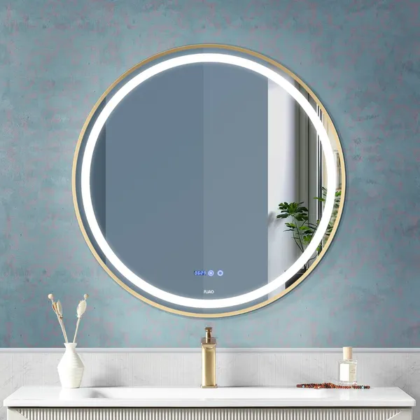 FUAO_Premium_LED_Bathroom_Mirror_600_mm,_Aluminum_Frame_|_3-Color_Light,_Long-Press_Dimmable,_Anti-Fog,_Time_&_Temp_Display_(Brushed_Gold,_24")