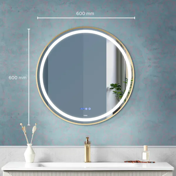 FUAO_Premium_LED_Bathroom_Mirror_600_mm,_Aluminum_Frame_|_3-Color_Light,_Long-Press_Dimmable,_Anti-Fog,_Time_&_Temp_Display_(Brushed_Gold,_24")