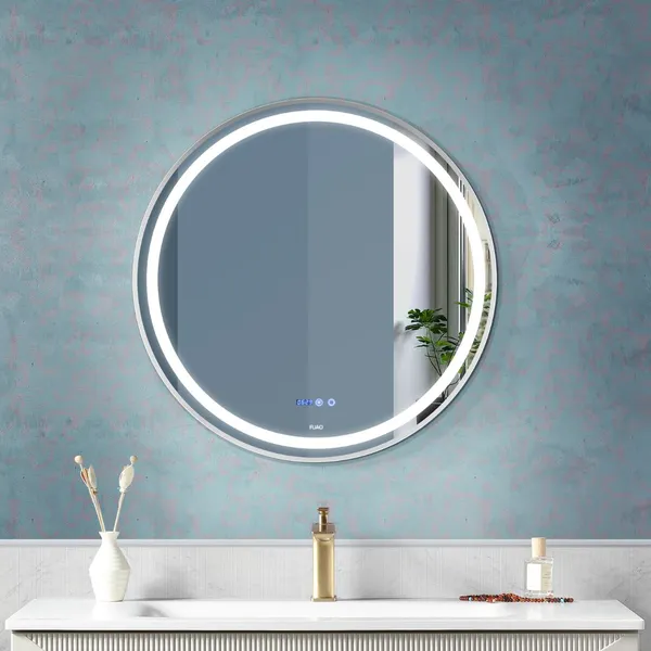 FUAO_Premium_LED_Bathroom_Mirror_600_mm,_Aluminum_Frame_|_3-Color_Light,_Long-Press_Dimmable,_Anti-Fog,_Time_&_Temp_Display_(Brushed_Silver,_24")