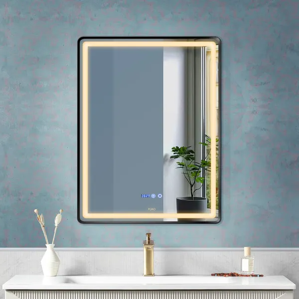 FUAO_Premium_Rectangular_LED_Bathroom_Mirror_450x600_mm,_Aluminium_Frame_|_3-Colour_Light,_Long-Press_Dimmable,_Anti-Fog,_Time_&_Temp_Display_(Brushed_Black,_18"x24")