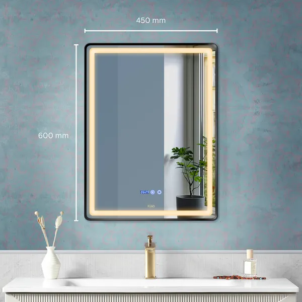 FUAO_Premium_Rectangular_LED_Bathroom_Mirror_450x600_mm,_Aluminium_Frame_|_3-Colour_Light,_Long-Press_Dimmable,_Anti-Fog,_Time_&_Temp_Display_(Brushed_Black,_18"x24")