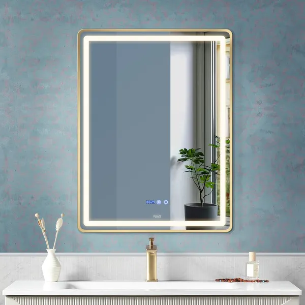 FUAO_Premium_Rectangular_LED_Bathroom_Mirror_450X600_mm,_Aluminium_Frame_|_3-Colour_Light,_Long-Press_Dimmable,_Anti-Fog,_Time_&_Temp_Display_(Brushed_Gold,_18"x24")
