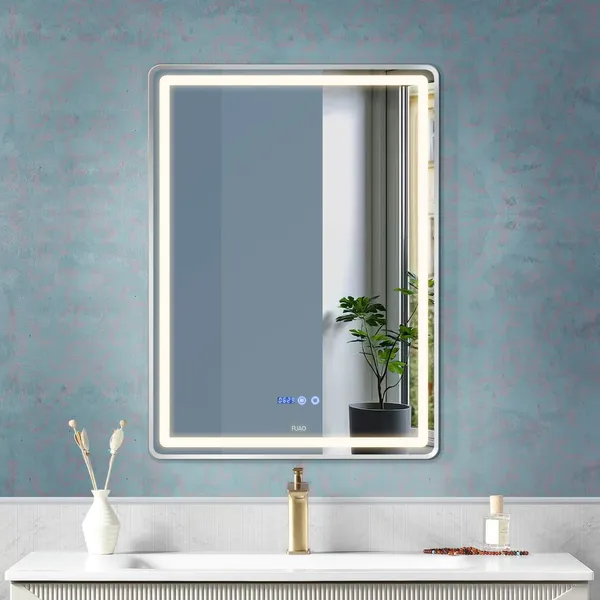 FUAO_Premium_Rectangular_LED_Bathroom_Mirror_450x600_mm,_Aluminium_Frame_|_3-Colour_Light,_Long-Press_Dimmable,_Anti-Fog,_Time_&_Temp_Display_(Brushed_Silver,_18"X24")