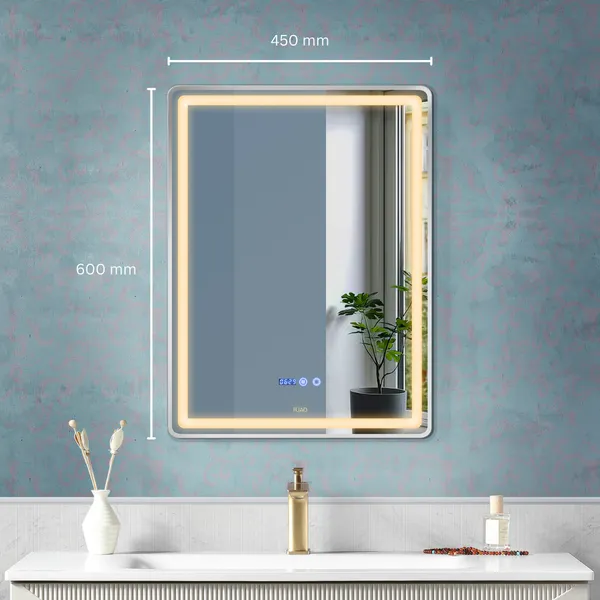 FUAO_Premium_Rectangular_LED_Bathroom_Mirror_450x600_mm,_Aluminium_Frame_|_3-Colour_Light,_Long-Press_Dimmable,_Anti-Fog,_Time_&_Temp_Display_(Brushed_Silver,_18"X24")