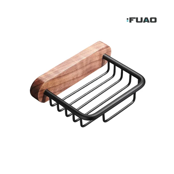 FUAO_Luxury_Aluminium_&_Solid_Wood_Soap_Basket_|_Rust-Proof_Premium_Soap_Holder_for_Bathroom_|_No-Drill_Wall_Mount_with_Adhesive_|_Termite-Free_Solid_Wood_|_Matte_Black_Soap_Dish_for_Shower_Area