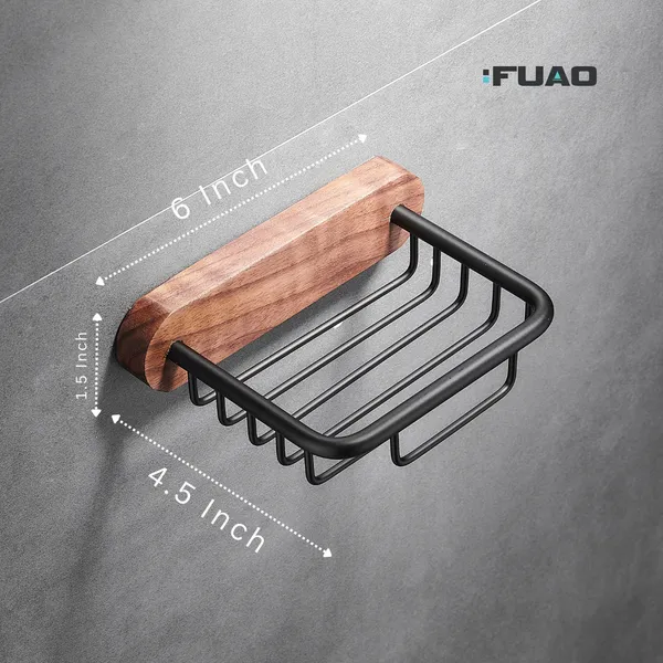 FUAO_Luxury_Aluminium_&_Solid_Wood_Soap_Basket_|_Rust-Proof_Premium_Soap_Holder_for_Bathroom_|_No-Drill_Wall_Mount_with_Adhesive_|_Termite-Free_Solid_Wood_|_Matte_Black_Soap_Dish_for_Shower_Area