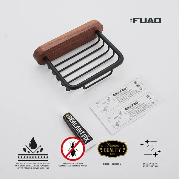 FUAO_Luxury_Aluminium_&_Solid_Wood_Soap_Basket_|_Rust-Proof_Premium_Soap_Holder_for_Bathroom_|_No-Drill_Wall_Mount_with_Adhesive_|_Termite-Free_Solid_Wood_|_Matte_Black_Soap_Dish_for_Shower_Area