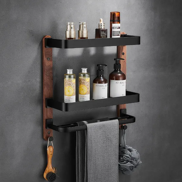 FUAO_Luxury_Double_Bathroom_Shelf_with_Towel_Holder_&_Hooks_|_Premium_Aluminium_+_Solid_Wood_|_Rust-Proof,_Termite-Free_|_Space_Saving_Wall_Mounted_Organizer_for_Washbasin_&_Shower_Area