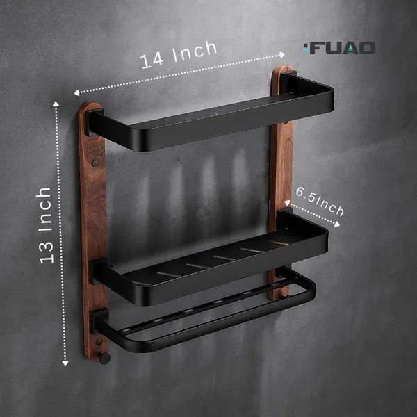 FUAO_Luxury_Double_Bathroom_Shelf_with_Towel_Holder_&_Hooks_|_Premium_Aluminium_+_Solid_Wood_|_Rust-Proof,_Termite-Free_|_Space_Saving_Wall_Mounted_Organizer_for_Washbasin_&_Shower_Area