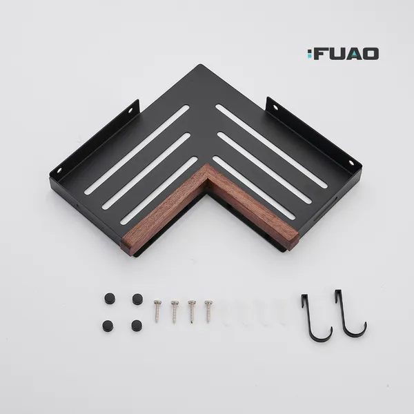 Fuao_Bathroom_Corner_Shelf_with_Walnut_Wood_&_Matte_Black_Aluminium_Frame,_Wall_Mounted_Shower_Corner_with_Side_Hooks_for_Shampoo_Toiletries_Storage