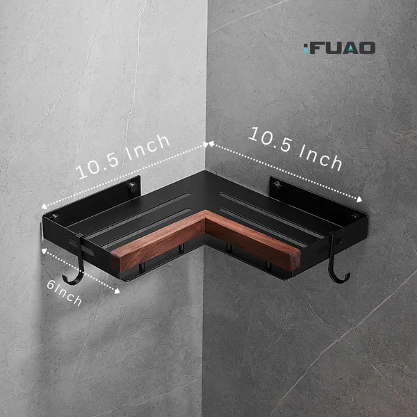 Fuao_Bathroom_Corner_Shelf_with_Walnut_Wood_&_Matte_Black_Aluminium_Frame,_Wall_Mounted_Shower_Corner_with_Side_Hooks_for_Shampoo_Toiletries_Storage