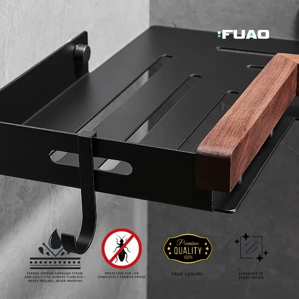 Fuao_Bathroom_Corner_Shelf_with_Walnut_Wood_&_Matte_Black_Aluminium_Frame,_Wall_Mounted_Shower_Corner_with_Side_Hooks_for_Shampoo_Toiletries_Storage